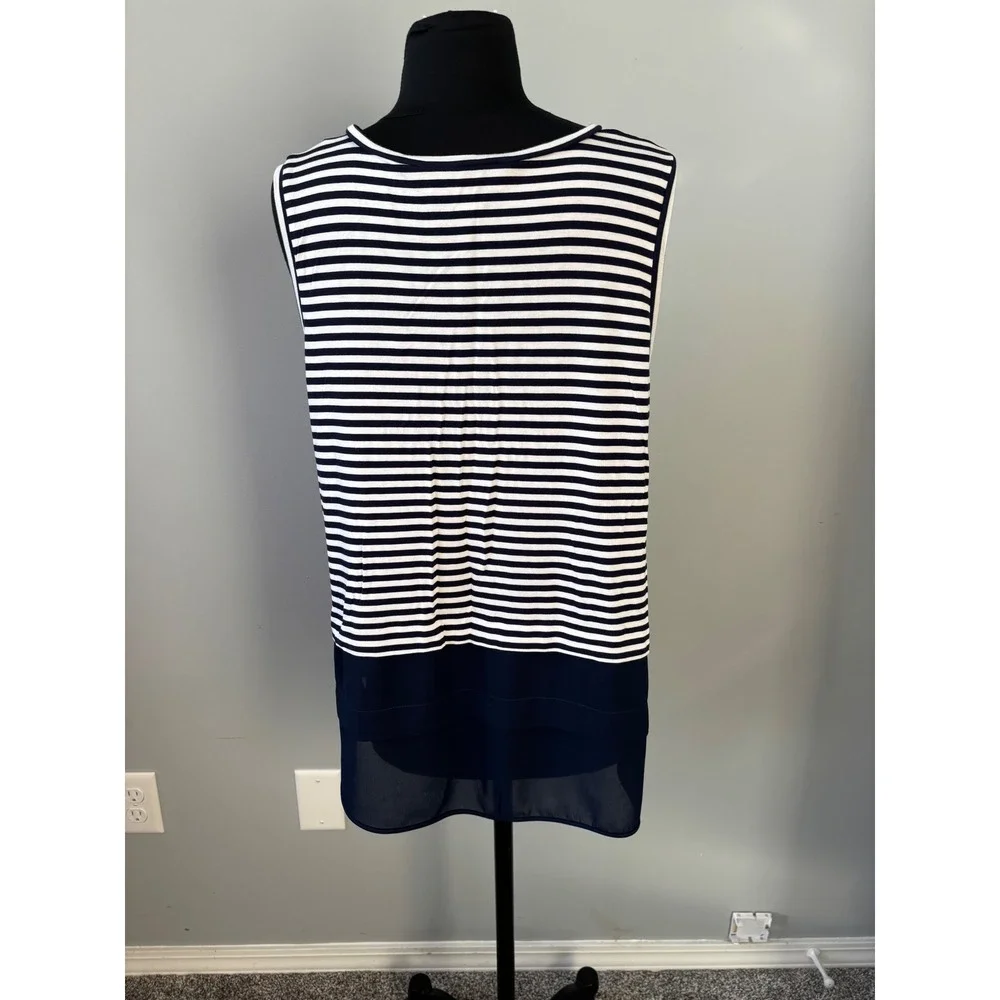 Michael Kors Striped Sleeveless Top Blouse Navy‎ Blue Chiffon Trim Size S